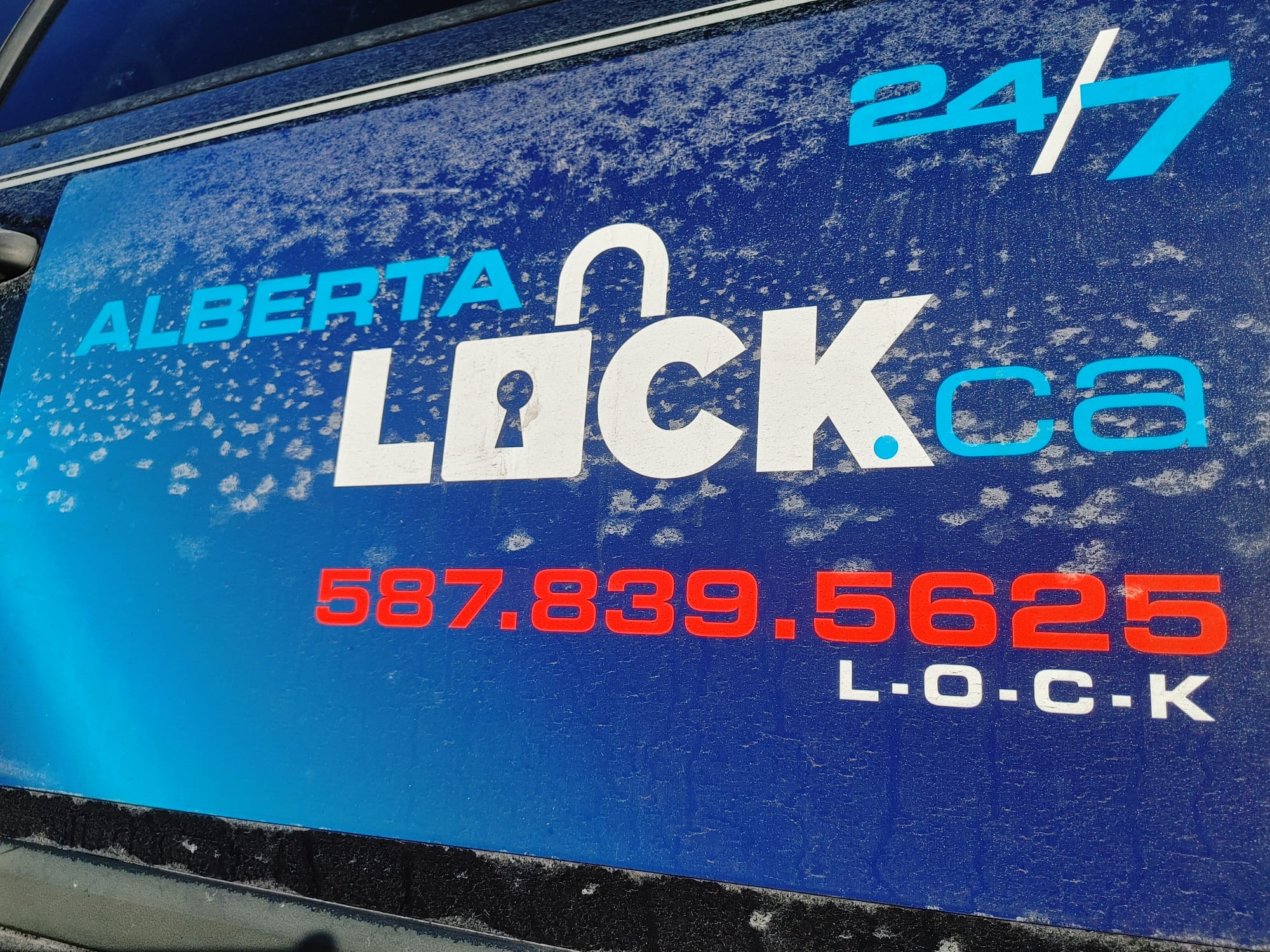 Alberta Lock window decal in winter