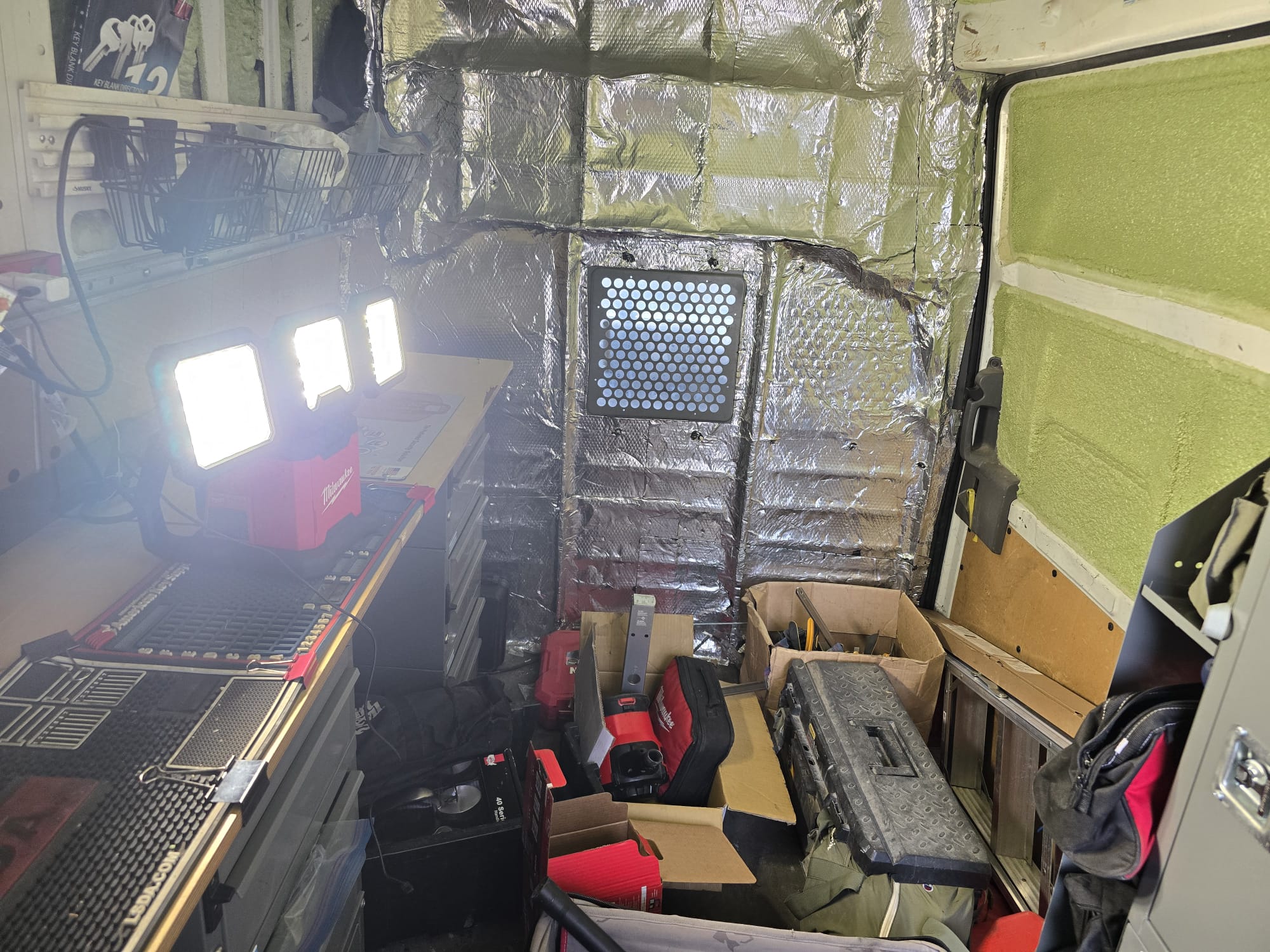 Locksmith van interior outfitted as a mobile workshop