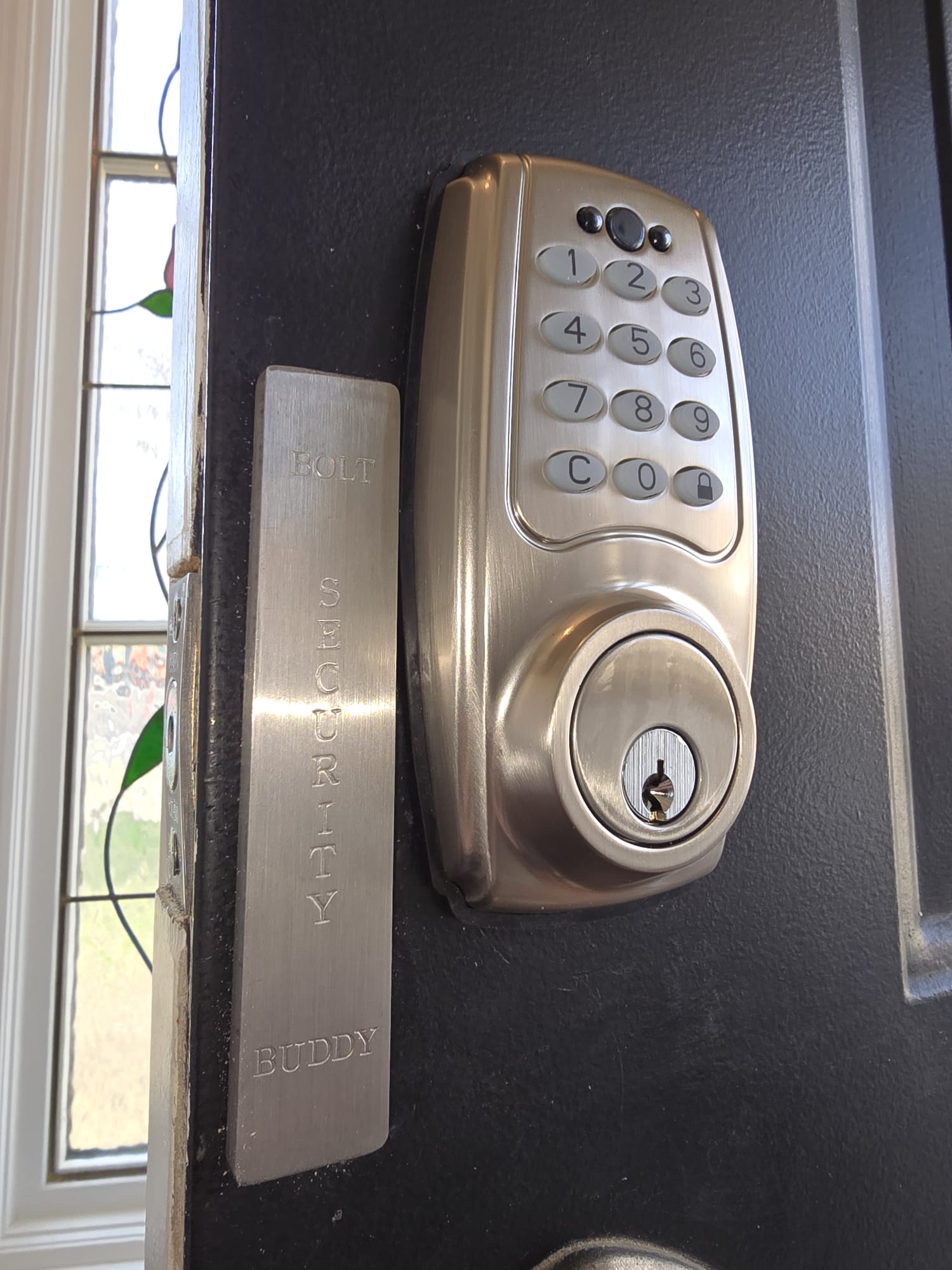 Keypad deadbolt with Bolt Security Buddy reinforcement